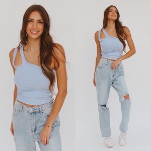 one shoulder blue tank